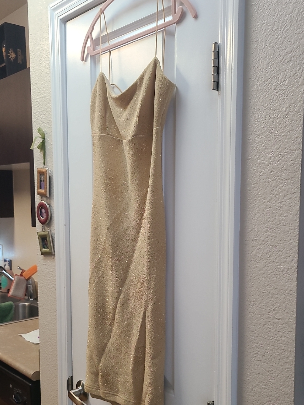 GOLD Cocktail Dress Size M. Stretch.  Beautiful Back.